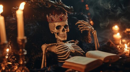 Regal skeleton reading by candlelight in a gothic setting