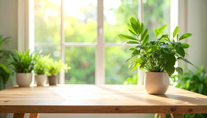 Fototapeta premium Indoor Oasis: Green Plants on Wooden Table by Window
