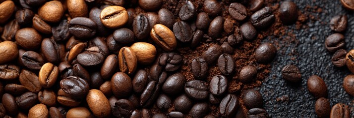 Obraz premium International Coffee Day background with coffee beans and cups, latte art pattern with steam swirls in warm tones for promotional design