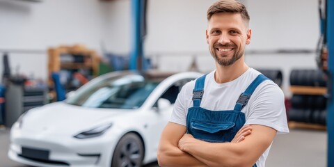 Portrait of Confident Mechanic in Automotive Repair Shop with Electric Car in the Background