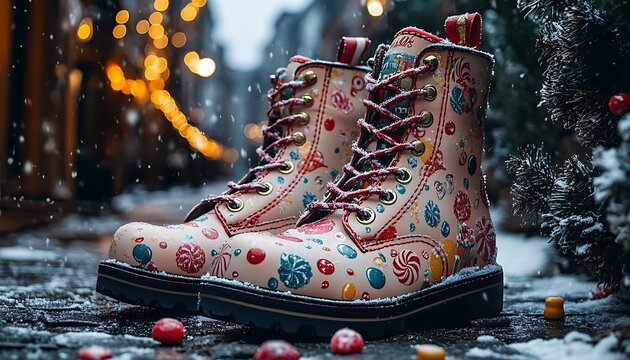 Light Pink Combat Boots with Candy Pattern in Snowy Outdoor Setting sweets lollipop - Powered by Adobe