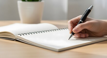 Close-up of a hand holding a pen, writing thoughts and plans in a blank spiral notebook on a wooden table. Concept of journaling and studying