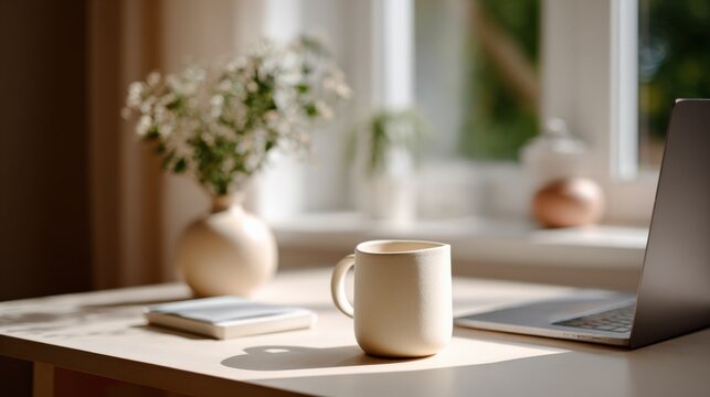Cozy Workspace with Coffee, Laptop, and Flowers Near Window for Relaxed Productivity