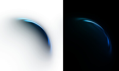 Futuristic abstract design set with a glowing blue crescent light, resembling a planetary eclipse, on contrasting black and white backgrounds  © Noy