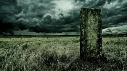 Ancient monolith stands sentinel beneath ominous clouds over windswept meadow lands