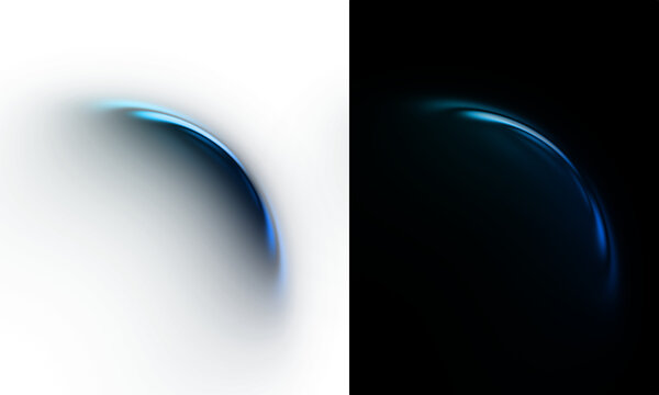 Futuristic abstract design set with a glowing blue crescent light, resembling a planetary eclipse, on contrasting black and white backgrounds
