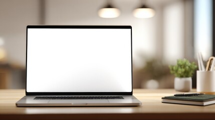 Fototapeta premium Laptop with Blank Screen on Wooden Desk in Modern Office or Home Workspace