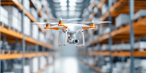 smart logistics factory concept. A drone hovers in a warehouse, showcasing modern technology in logistics and inventory management.