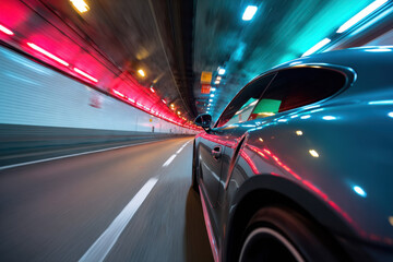 Fototapeta premium A sports car speeding through neon tunnel at night