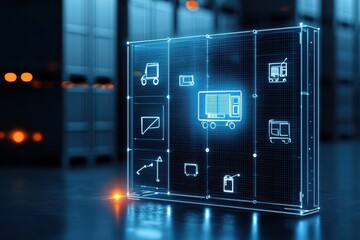 smart logistics factory concept. 3D holographic representation of a shipping container with logistics icons.