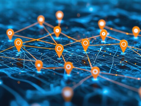 smart logistics factory concept. Digital network graphic with location pins and interconnected lines on a blue background.