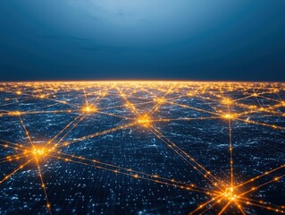 smart logistics factory concept. Futuristic network of interconnected lights against a twilight sky.