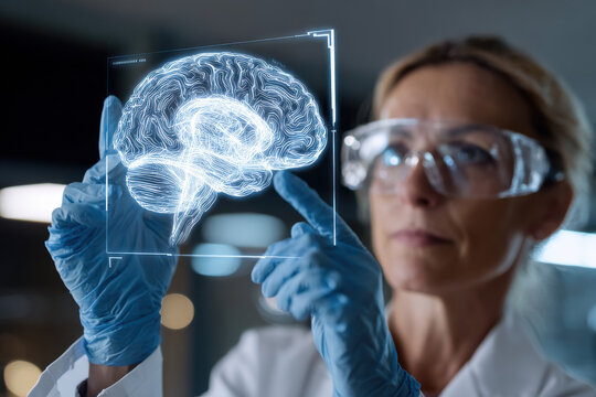 A scientist looking at human brain scan in holographic display