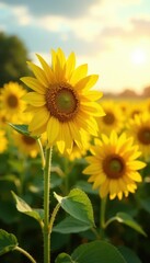 Fototapeta premium Golden sunflowers bask in bright sunlight, vibrant summer field , bloom, sun