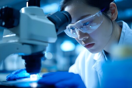 A scientist examines a specimen under a microscope in a well-lit lab.
