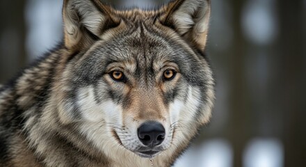 Fototapeta premium Intense Gaze: Portrait of a Gray Wolf with Amber Eyes and Winter Fur