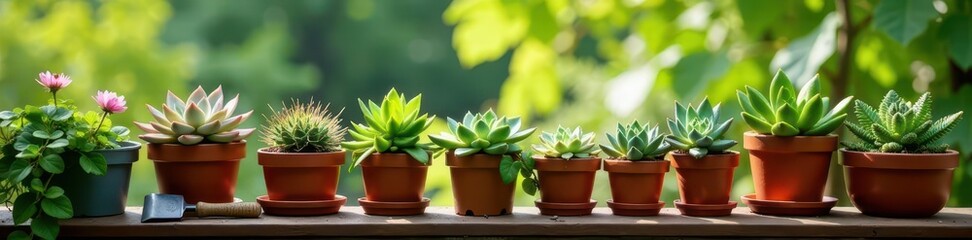 Fototapeta premium Variety of potted succulents & cacti, small gardening tools on balcony railing, simple, dry