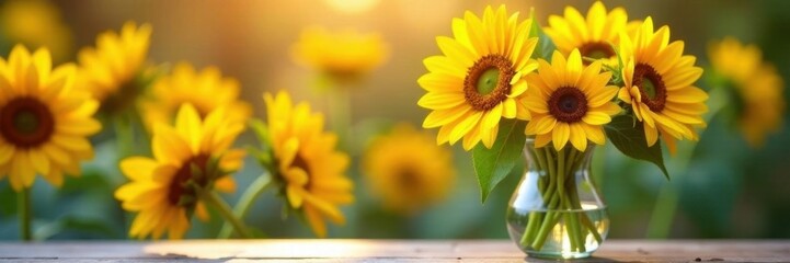 Obraz premium Vibrant sunflowers, full bloom, clear glass vase, closeup, bouquet