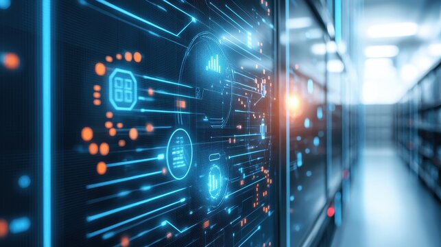 smart logistics factory concept. Digital data flow visualized in a modern server room with glowing elements and futuristic design.