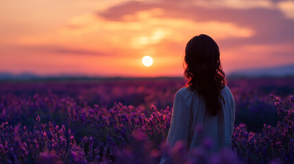 Woman lavender field sunset silhouette nature purple flower outdoor peaceful. woman stands lavender field sunset surrounded by purple flowers