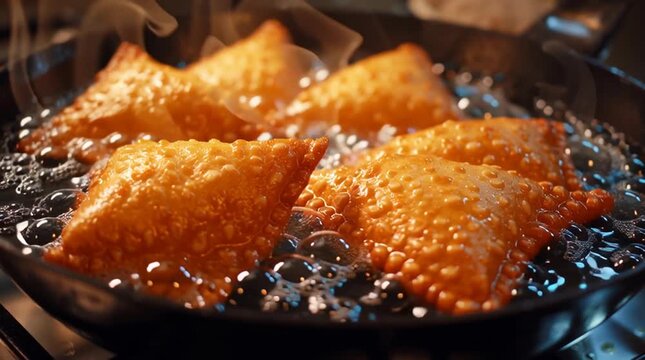 Cooking delicious Tunisian brik pastries in hot oil for a crispy texture