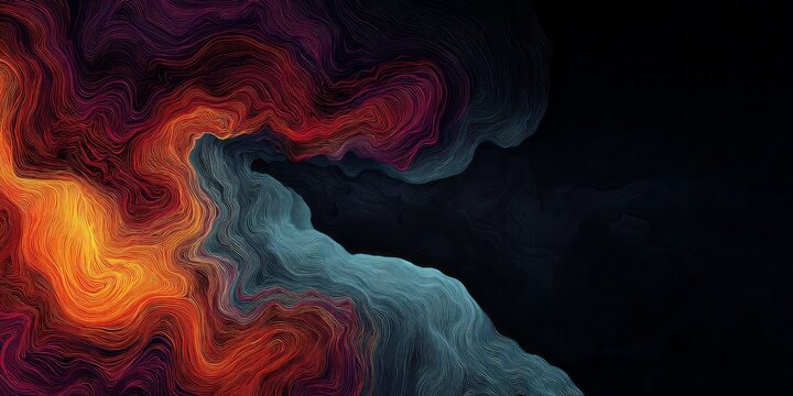 A dynamic abstract design featuring swirling lines of vibrant colors, from fiery oranges and reds to cool blues and purples, creating a captivating and textured visual effect against a dark backdrop.