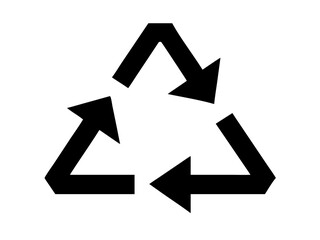 A simple black recycling symbol with three arrow shapes indicating circular movement on white background