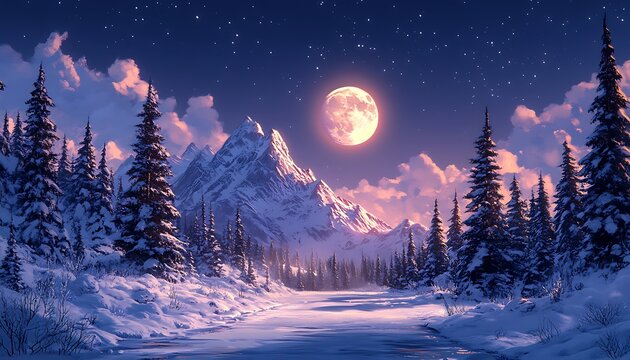 Snow covered pine forest and mountains under a full moon sky winter pine trees