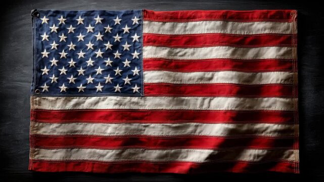 A worn American flag lies flat against a dark surface, highlighting its colors and texture. The fabric, displaying its age, symbolizes national pride and heritage.