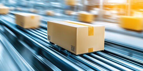 smart logistics factory concept. Packages moving swiftly on a conveyor belt in a modern distribution center.