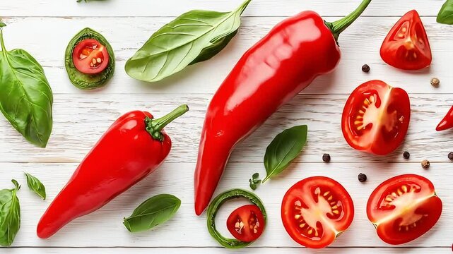 Vibrant Red Chili Peppers Tomatoes and Green Basil Leaves on White Wooden Surface Overhead View