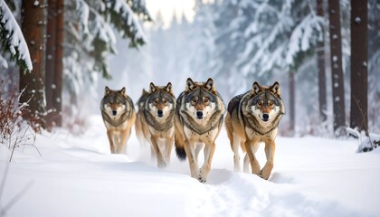 Wolves in snowy forest