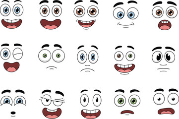 Cartoon facial expressions, emoji face icons, emotional cartoon eyes and mouths, vector comic character expressions set for animation, design