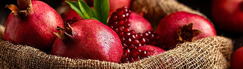 Fresh Pomegranates in a Burlap Bag