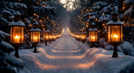 Snowy forest path lined with glowing lanterns and fairy lights winter