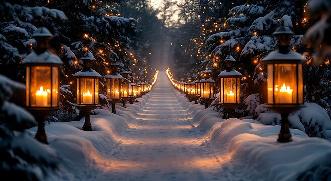 Snowy forest path lined with glowing lanterns and fairy lights winter