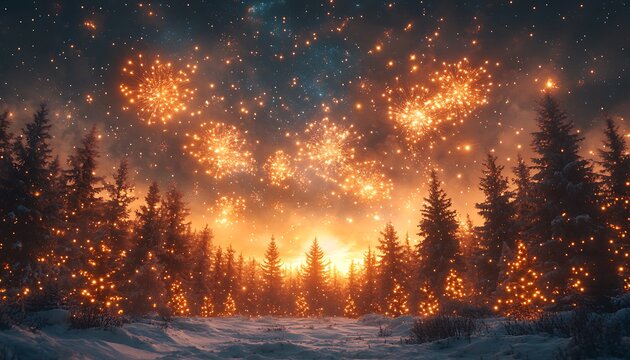 Snowy forest with illuminated trees and bright orange fireworks display winter pine trees