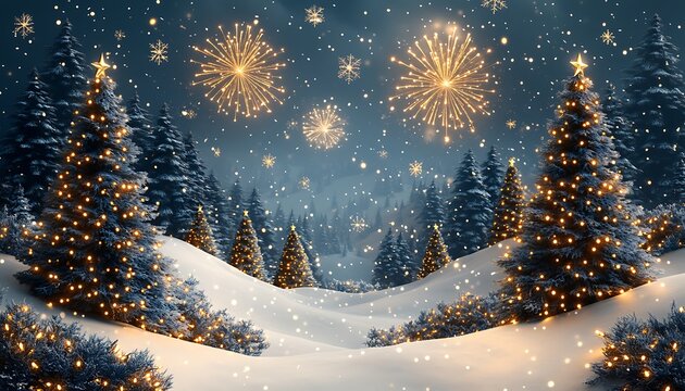 Snowy forest with illuminated Christmas trees and fireworks at night winter