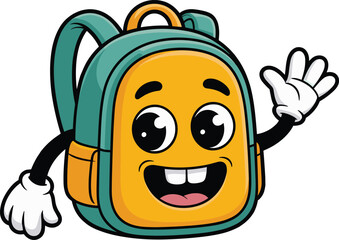 Cute cartoon backpack, school bag character, waving mascot, happy face, educational icon, smiling backpack, kids vector, fun illustration, school supply,