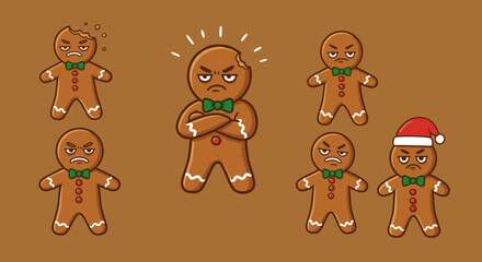 Vector art of group of angry gingerbread man cookies with different facial expressions