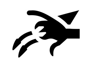 Illustration of a stylized black hand with long fingers and a geometric shape on a white background