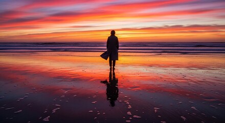 Solitary Figure Silhouetted on Beach Reflecting Fiery Sunset Colors