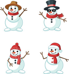 Fun and festive snowman illustrations with different accessories, hats, scarves, and poses, perfect for winter and holiday designs