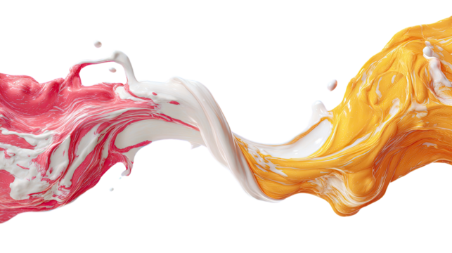 Two streams of vibrant pink and orange paint splash, swirling with white, on a black background.  A dynamic, abstract image