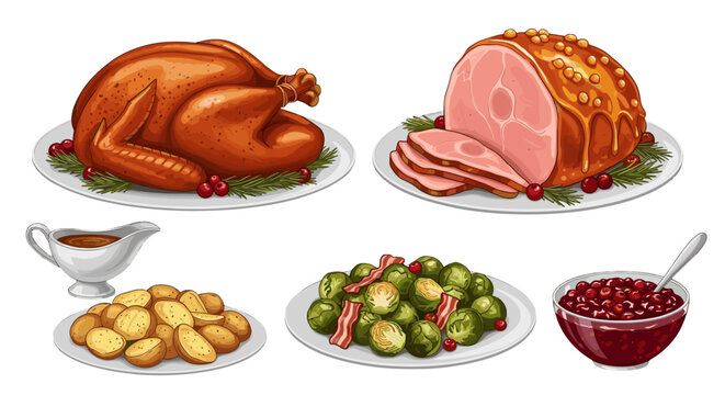Vector art of thanksgiving and christmas dinner with turkey, ham, and side dishes isolated