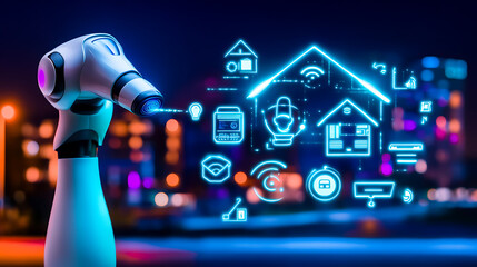 Robotic Arm Interacting with Smart Home Icons in a Futuristic Cityscape