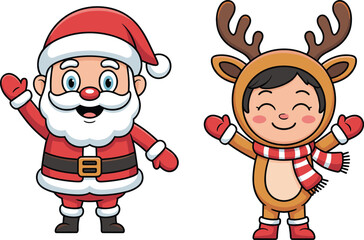 Cartoon Santa Claus and Reindeer Costume Kid, Christmas Characters, Festive Cheer, Merry Holiday Spirit, Cute Santa and Reindeer Illustrations