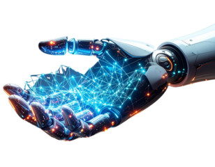 AI Robotic Hand Displaying Holographic Network Grid, transparent PNG