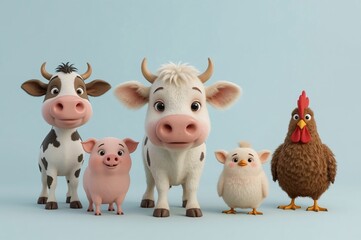 Cartoon farm animals studio shot, pastel background