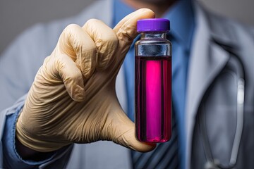 Doctor holds a small, clear test tube filled with a vibrant magenta liquid. A close-up view of the hand in a pale yellow glove and the vial